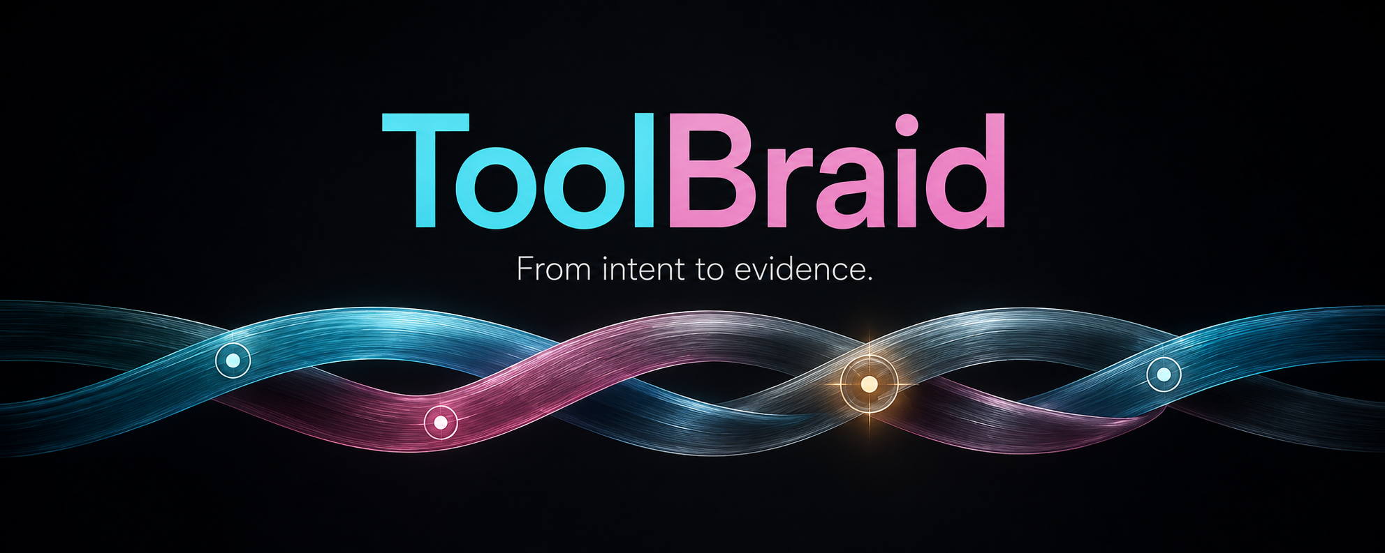 ToolBraid: From intent to evidence. Cyan and pink strands weave together across a dark background.